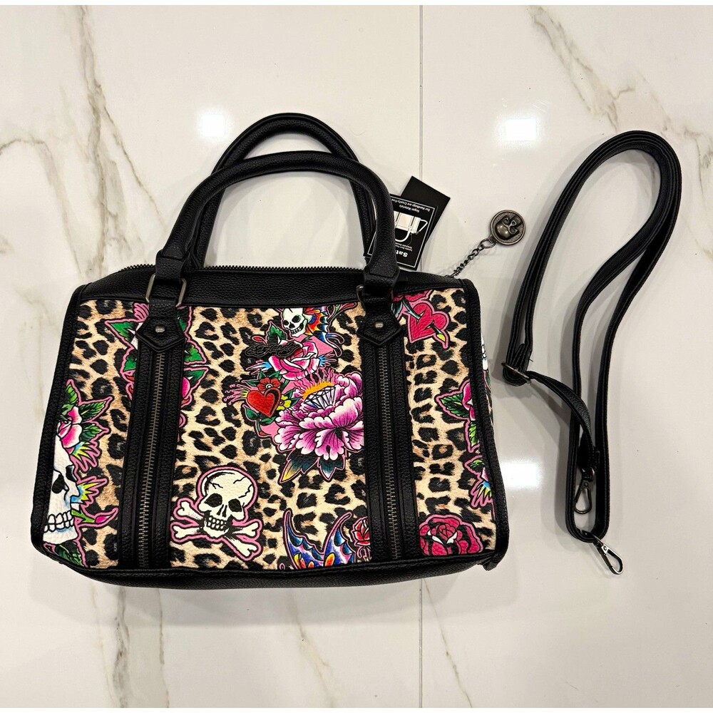 Ed Hardy leopard print skull floral satchel top handle bag w detachable strap